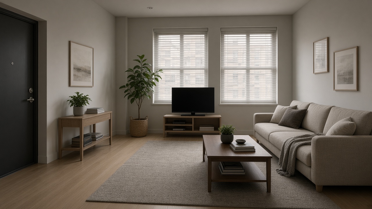 Apartment living room with windows closed and blinds down during a radon test