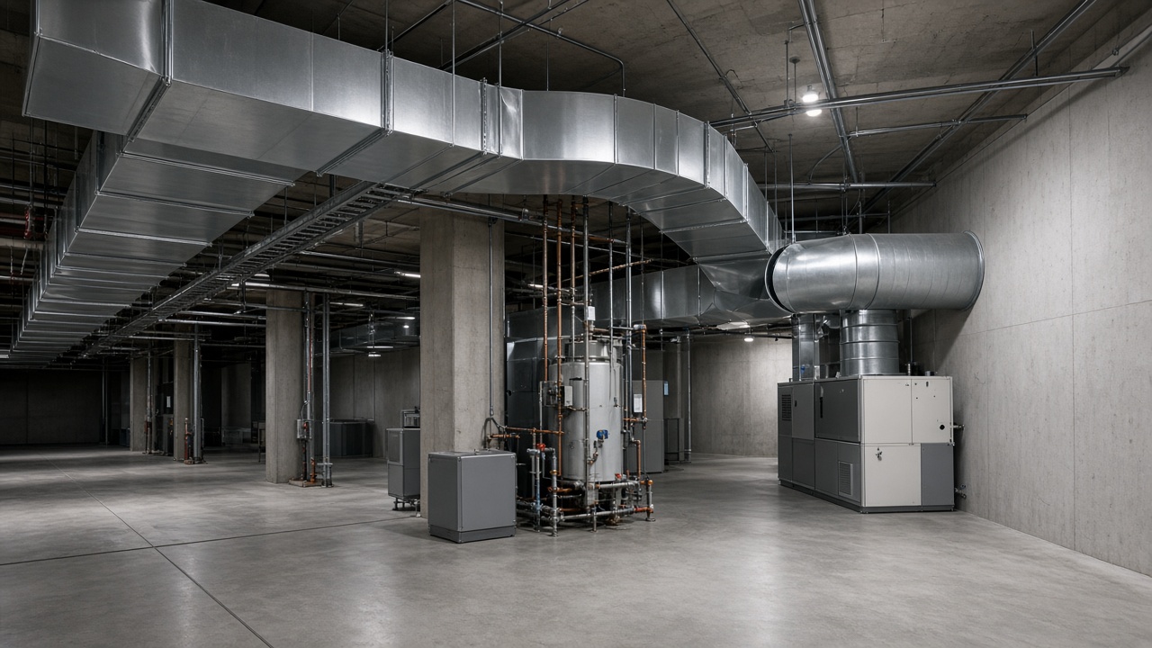 Multifamily mechanical room with HVAC equipment, ductwork, and piping