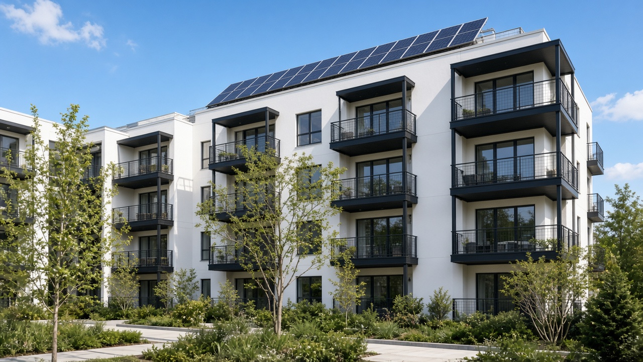 Modern multifamily building with rooftop solar panels and a planted courtyard under a clear sky