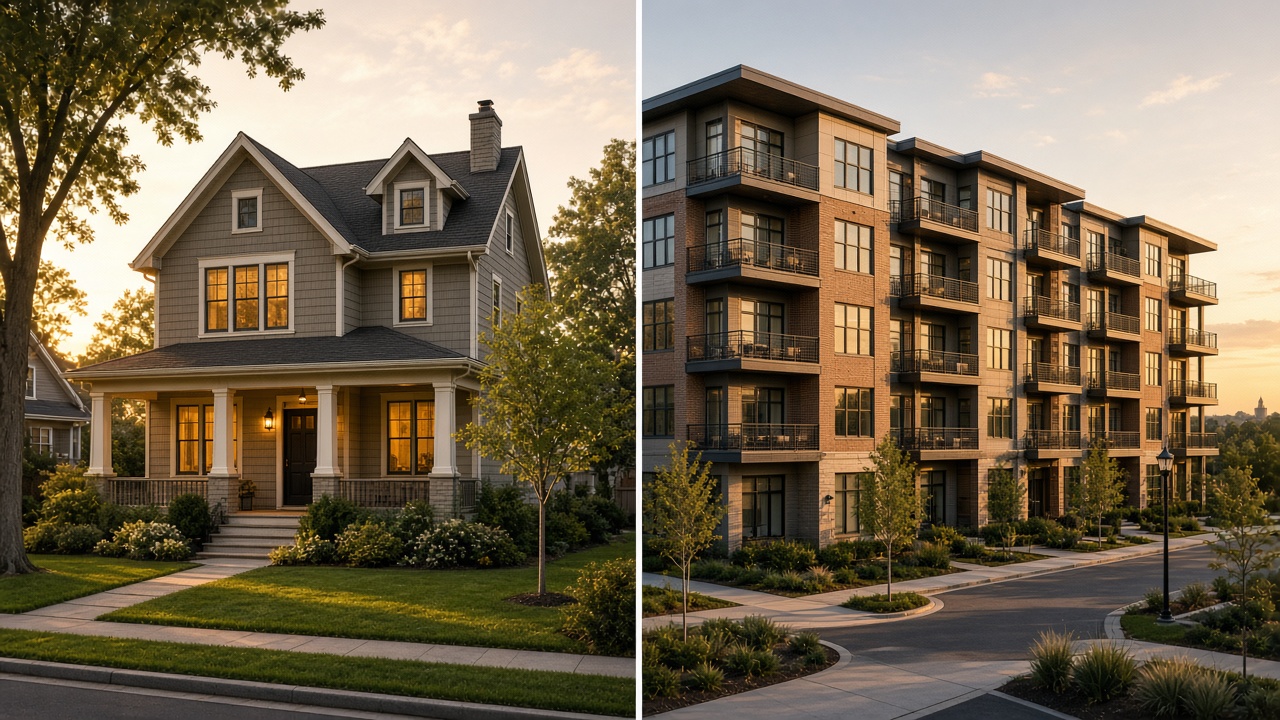 Side-by-side view of a single-family house and a multifamily apartment building