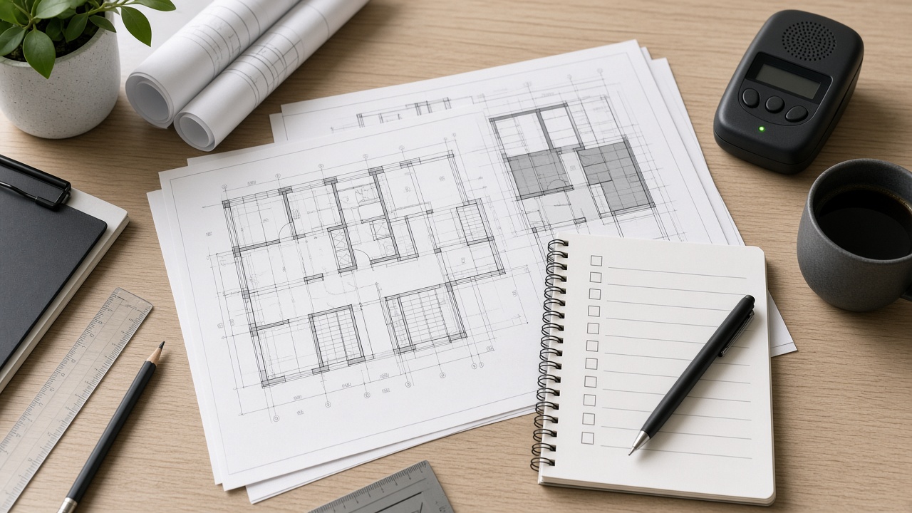 Desk with building plans, a notepad, and a radon detector before devices go out